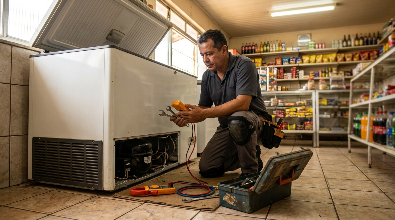 Profissional executando manutenção no motor de freezer no Canadá, Contagem‑MG