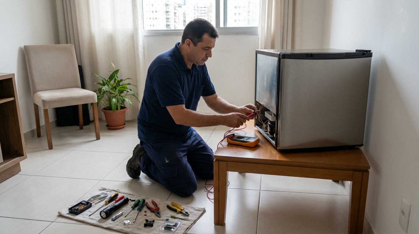 Técnico fazendo manutenção do motor de frigobar no Arvoredo, Contagem‑MG