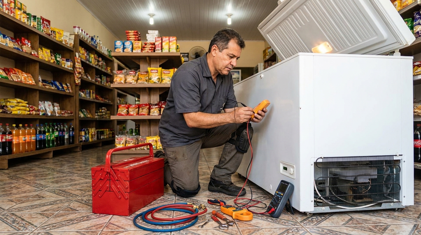 Recarga de gás refrigerante no freezer durante atendimento no Canadá, Contagem‑MG