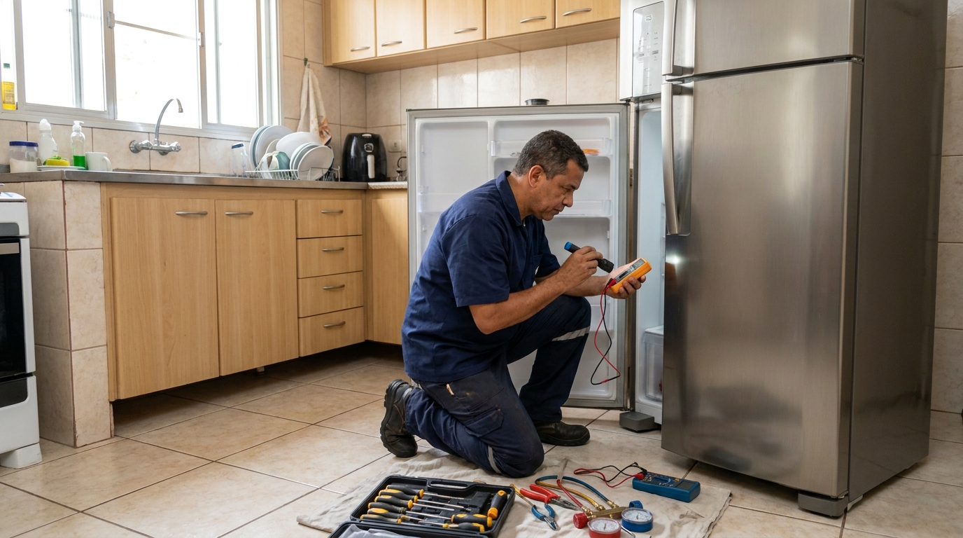 Técnico aplicando recarga de gás refrigerante em geladeira na Brasilândia, Contagem‑MG